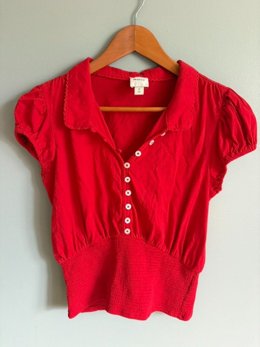 Maeve Anthropologie Red Peter Pan Collar Smocked Waist Top Size S